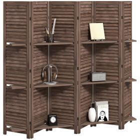 6 Panel 67" Tall Wood Privacy Screen Room Divider with 3 Shelves and Folding Storage for Bedroom, Walnut