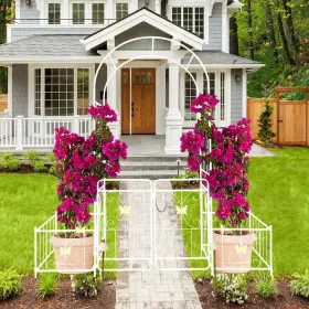 Metal Garden Arch With Gate 79.5'' Wide X 86.6'' High Climbing Plants Support Rose Arch Outdoor (Option: CREAMWHITE)