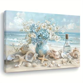 1 Piece Framed Wooden Canvas Painting, One Piece Blue Vase Floral Canvas Print, Wooden Frame Wall Art, Shell And Ocean Theme, Home And Office Dec (Option: 24X18inch)