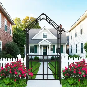 Metal Garden Arch With Gate W58.07*H97.24 Climbing Plants Support Rose Arch Outdoor Black (Option: black)