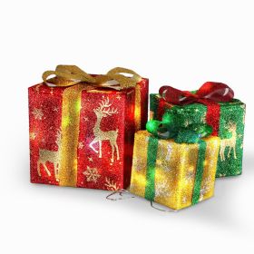 Star-Deer Pattern Options -- Set Of 3 Christmas Lighted Gift Boxes Xmas Present Ornament 50 LED Christmas Box Decorations With Ribbon Bows IP44 W (Option: Deer)