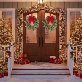 2PCS Set 14.2in Eucalyptus Christmas Wreath Candle Rings Natural Green Artificial Plants Garland Home Door Holiday Wall Decor (Option: GREEN)