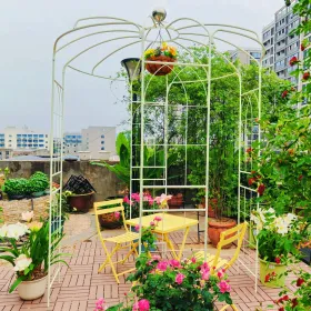Metal Garden Arch Iron Garden Arbors Gazebo Dia81.3'' X 114.2'' High Birdcage Shape Pergola Pavilion For Wedding Ceremony Outdoor (Option: CREAMWHITE)