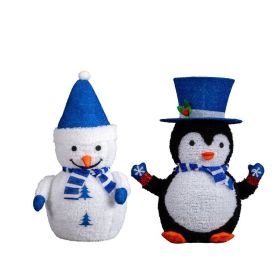 Set Of 2 Lighted Plush Penguin And Snowman Christmas Decorations, Pre-lit Pull Up Holiday Decor With 100 Warm White LED Lights For Xmas Outdoor I (Option: Warm white)