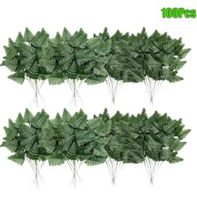 100 Pcs Artificial Fern Leaves Stem Green Cemetery Leaf Picks Wedding Flower Arrangements (Color: Dark green)