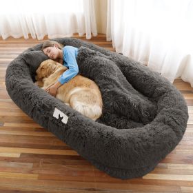 Human Dog Bed, Large Size Fits You and Pets, Washable Faux Fur Dog Bed for People Doze Off, Napping Orthopedic Dog Bed, Present Plump Pillow, Bla (Color: DarkGrey, size: 6XL(71"L x 45"W x 12"Th))