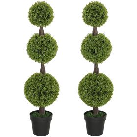 Set Of 2 Artificial Ball Boxwood Topiary Trees, Fake Plants In Pots For Indoor Outdoor Living Room, Green (Option: GREEN)