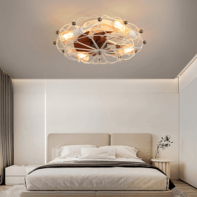 Low Profile Cage Ceiling Fan With Light Remote Control, Built-in Modern Industrial Ceiling Fan Unavailable Platforms- Temu (Color: White)